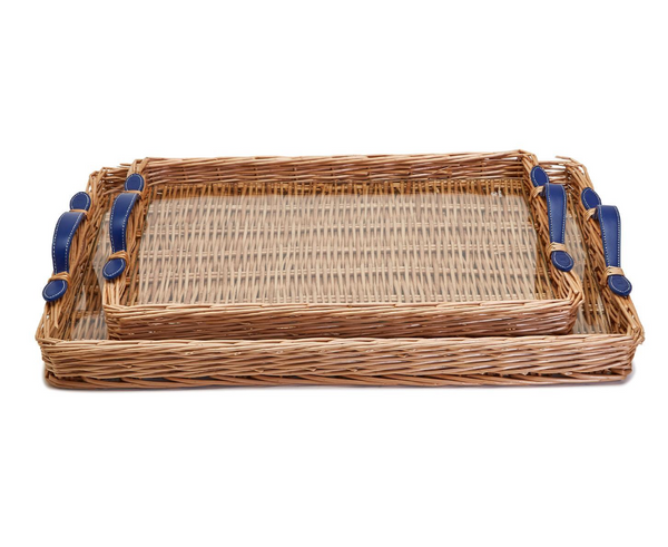 WICKER TRAY WITH NAVY LEATHER HANDLE