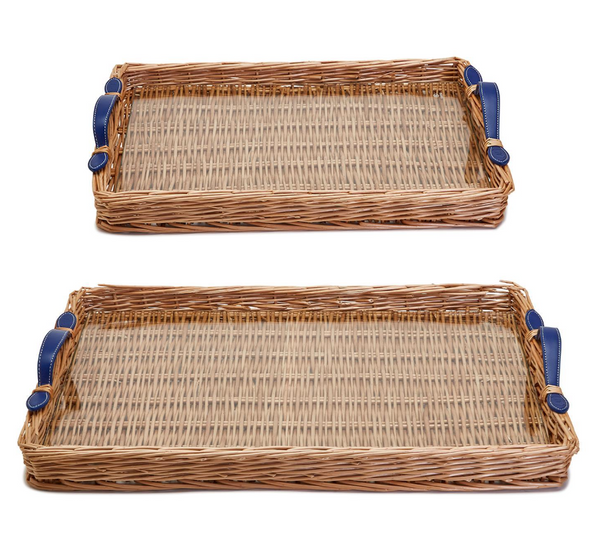 WICKER TRAY WITH NAVY LEATHER HANDLE