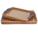 WICKER TRAY WITH NAVY LEATHER HANDLE